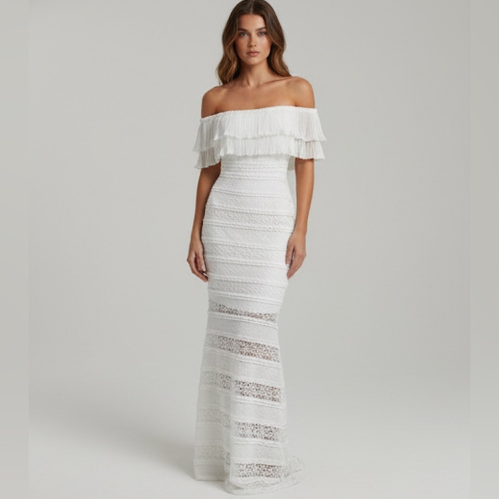 Knitted Lace Off Shoulder Form-Fitting Dress White